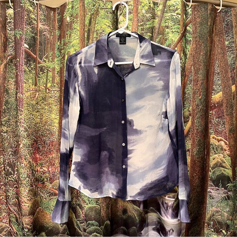The Limited Silk Blue Watercolor 100% Silk Button Down Blouse XS cloud artsy art